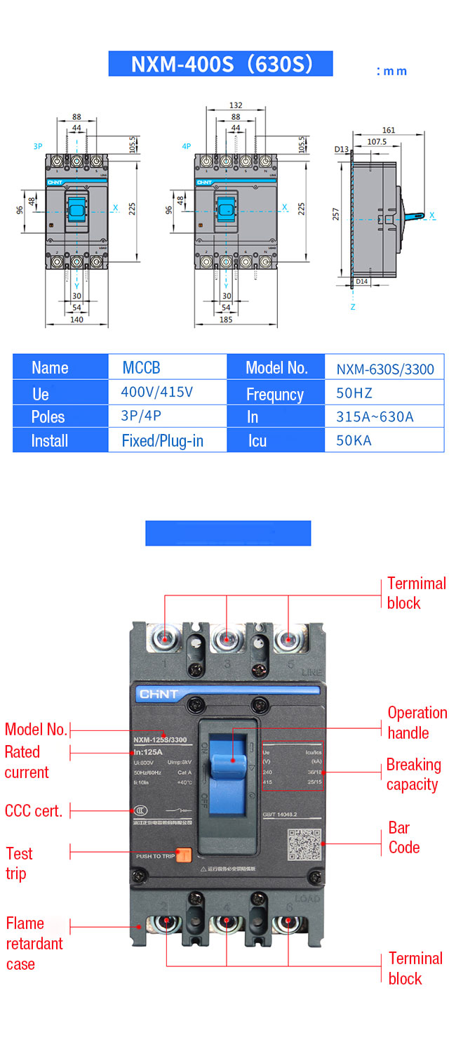 Chint NXM Molded Case Circuit Breaker 3 Pole 4 Pole NXM-63 125S 250S